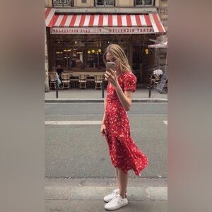 Red floral Teale Dress by Réalisation Par